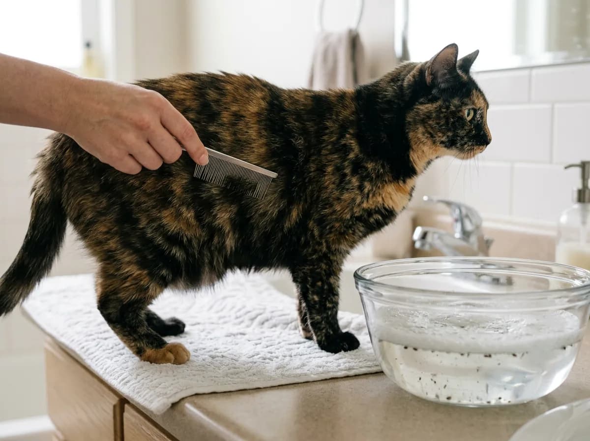 Tortoiseshell cat standing on a towel on a bathroom counter being combed, beside a glass bowl of water with dark specks in it.