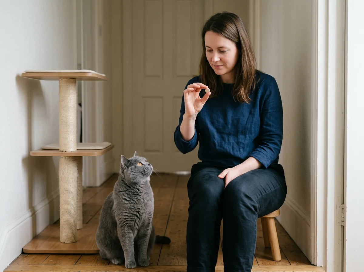 A woman seated on a wooden stool holds up a small tablet as a gray shorthaired cat sits on the floor looking up at it.