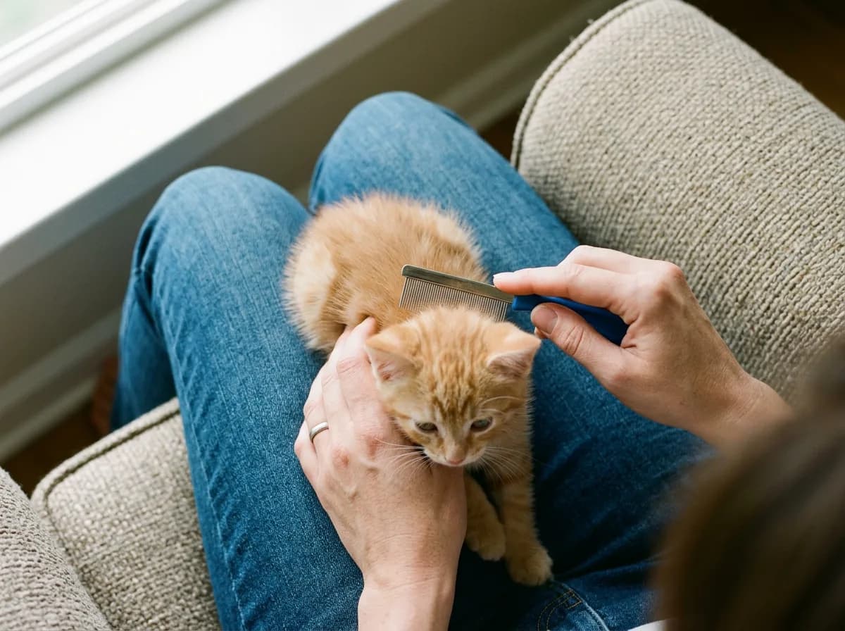 Overhead view of an orange kitten held on a person's lap being groomed with a fine metal comb by hands in jeans.