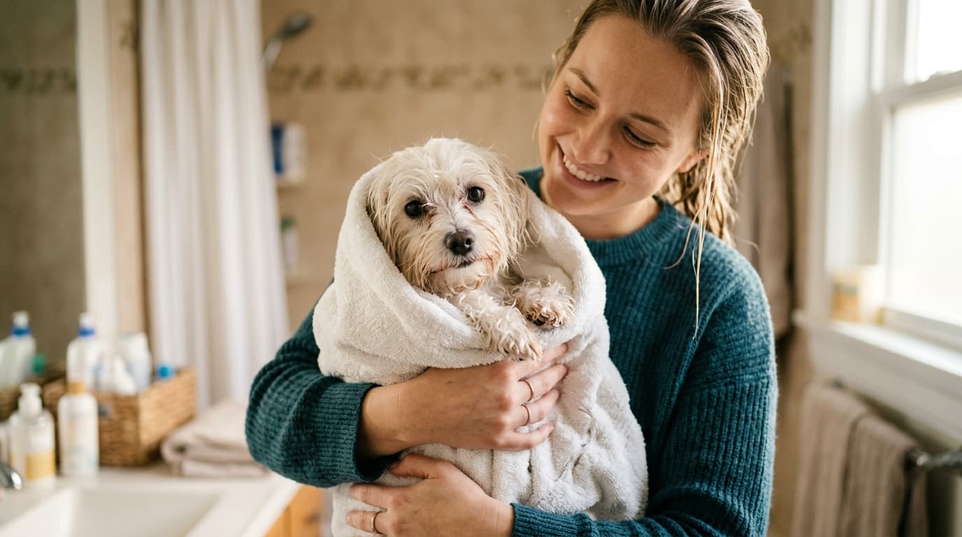 A freshly bathed small white dog wrapped in a towel and held by a smiling owner, relieved after fast flea relief