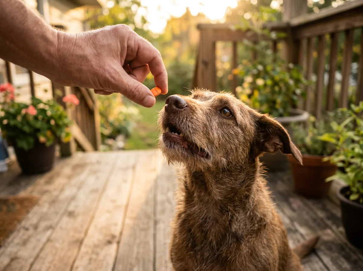 A brown dog taking a fast-acting oral flea tablet from its owner's hand on a porch