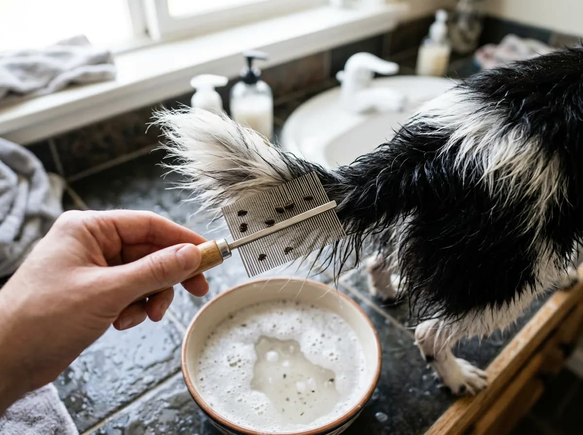 A flea comb pulling fleas from the fur at the base of a dog's tail over a bowl of soapy water