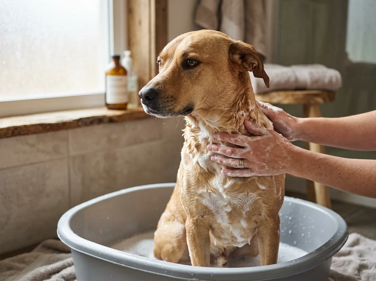 A tan dog being lathered with dish-soap suds around the neck during a flea bath
