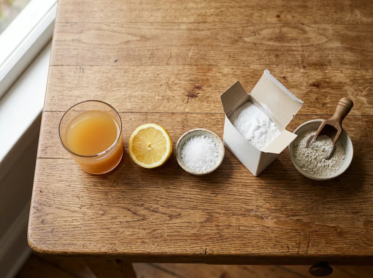 Apple cider vinegar, lemon, salt, baking soda, and diatomaceous earth arranged on a kitchen table as natural flea remedies