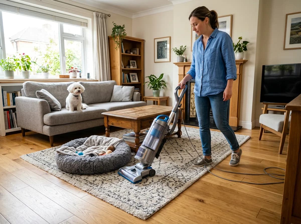 A person vacuuming carpet near a dog bed to treat a flea infestation in the home while a dog watches