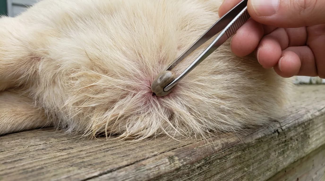 Fine-tipped tweezers closing in on an engorged brown tick embedded in the cream fur of a dog resting on a wooden porch step