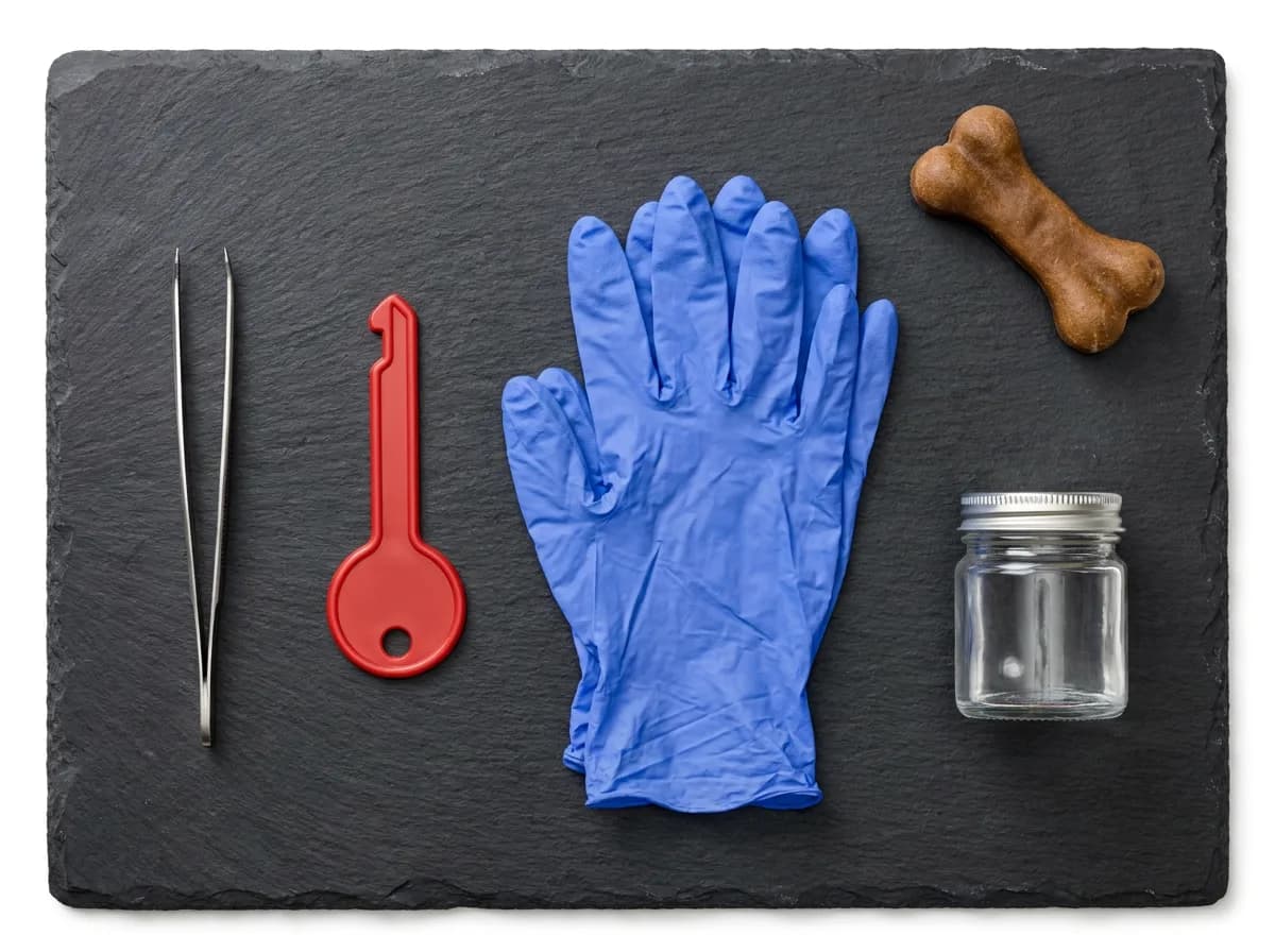 Overhead view of tick removal supplies on a slate board: tweezers, a red tick key, blue nitrile gloves, a small glass jar, and a dog biscuit