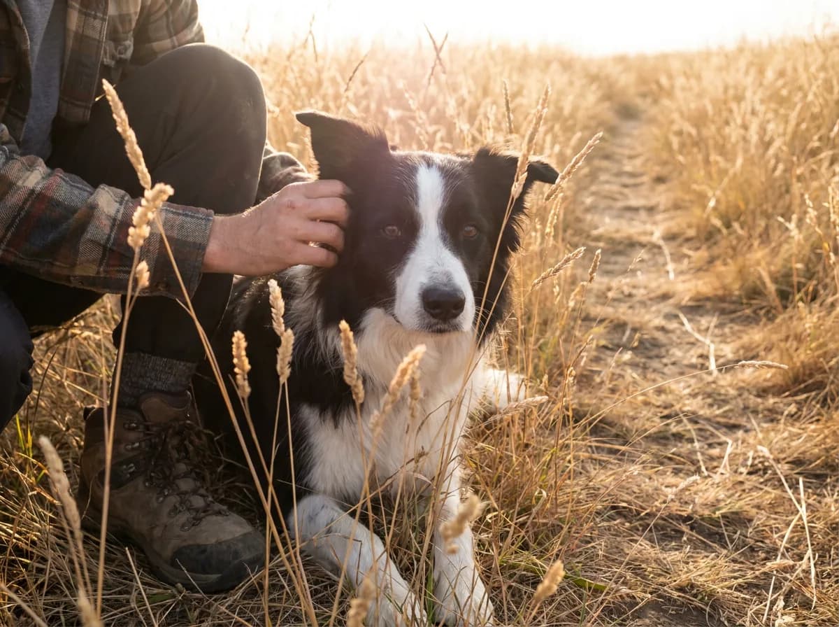 An owner kneeling in tall dry grass checks behind the ear of a black-and-white border collie after a hike