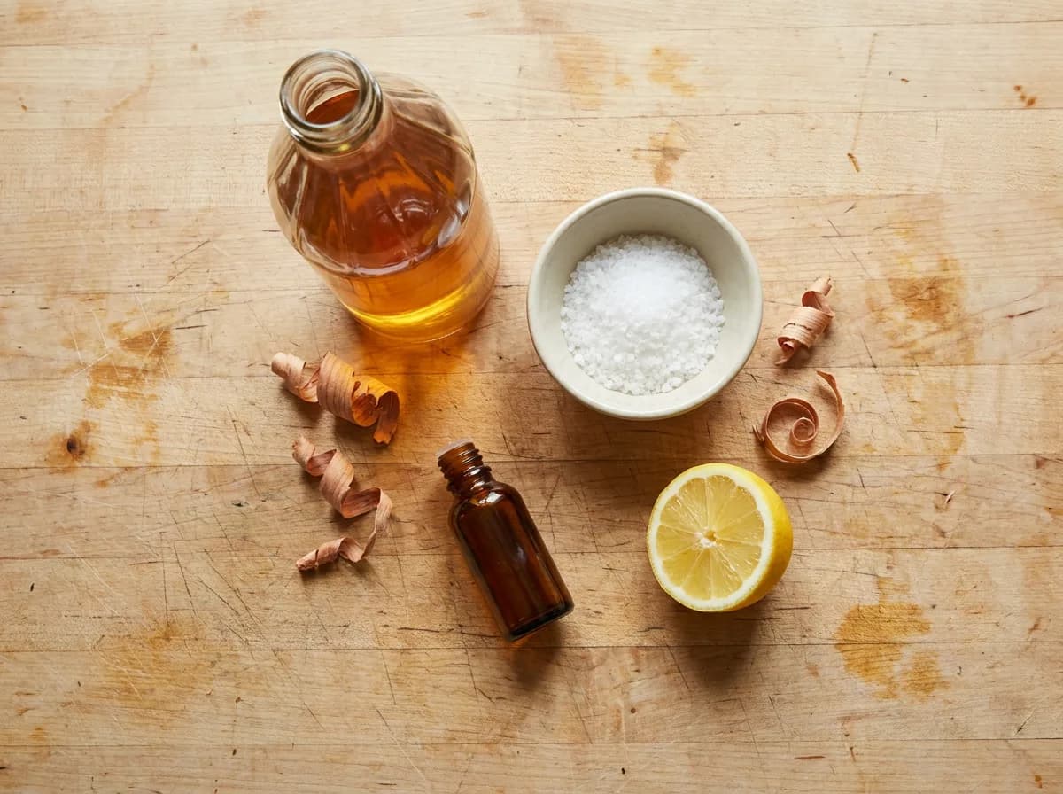 Overhead view of a plain glass bottle of apple cider vinegar, a bowl of coarse salt, an amber dropper bottle, a halved lemon, and cedar shavings on a wooden counter