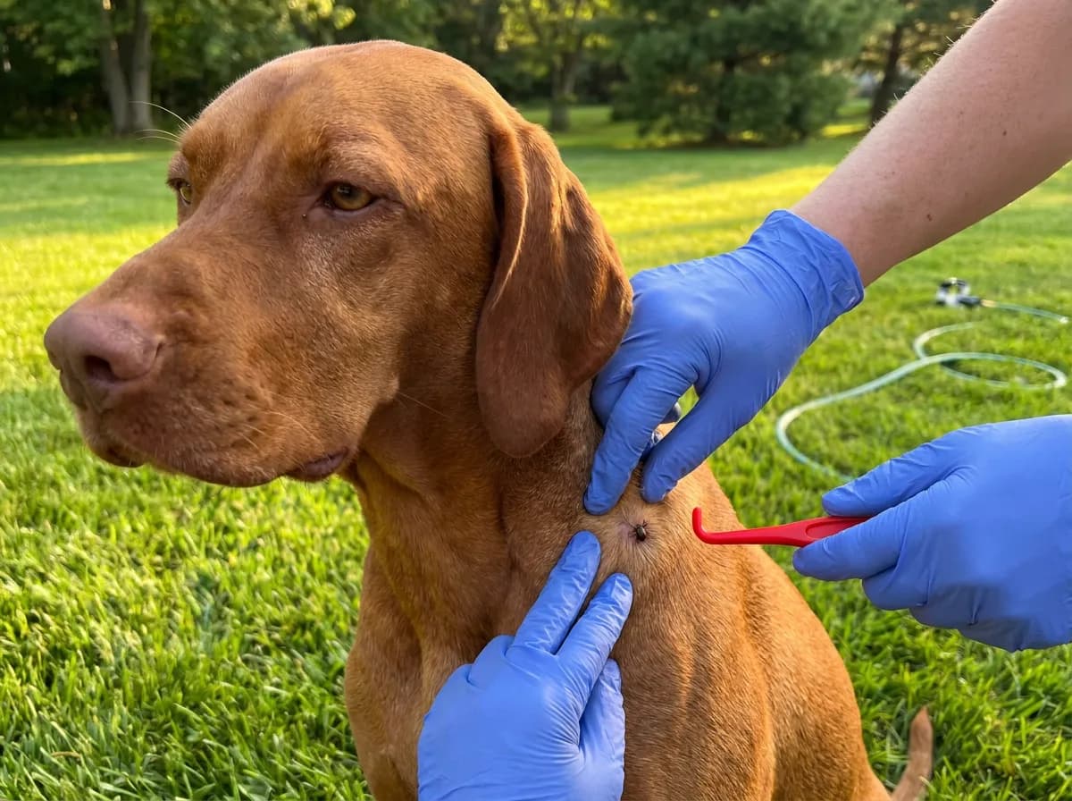 Gloved hands parting the coat on a Vizsla's shoulder to show a tick while another hand holds a red tick key tool ready beside it