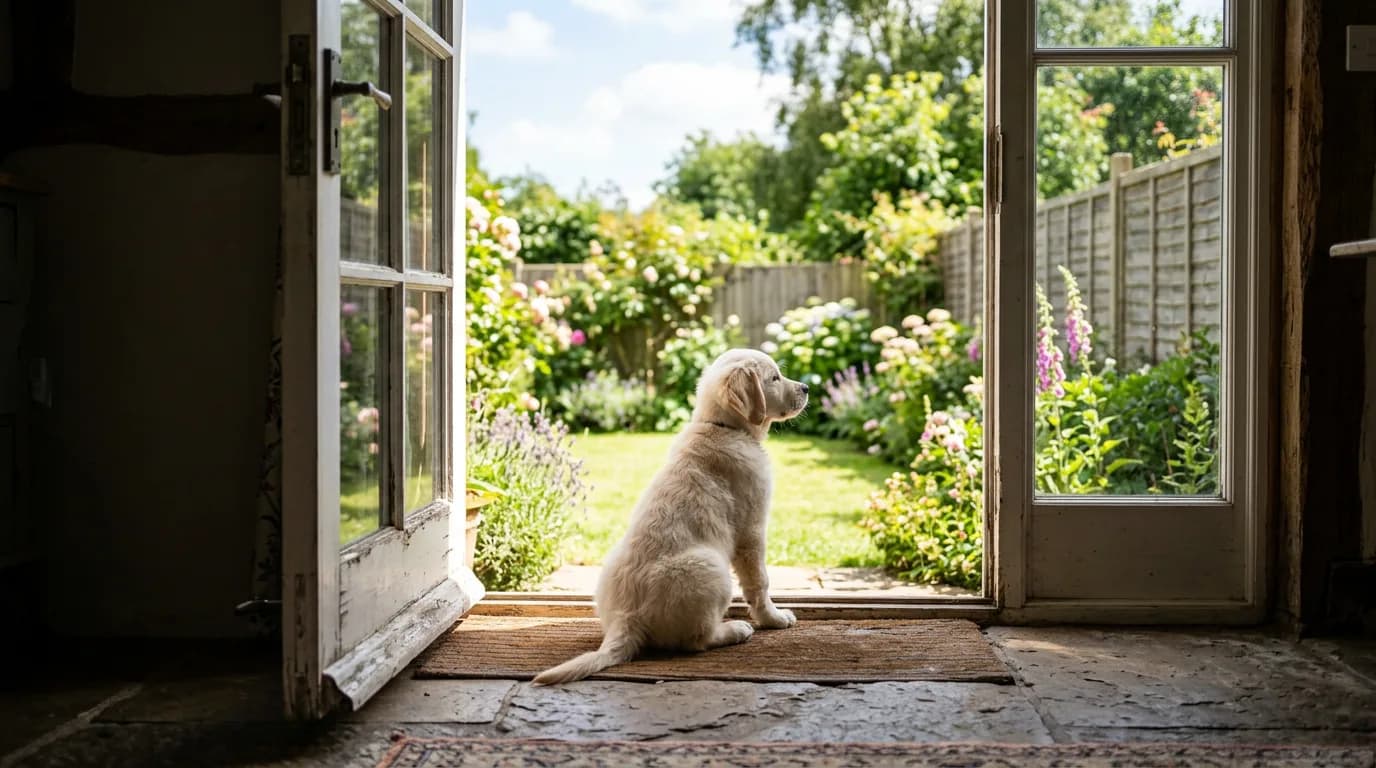a young puppy sitting at an open back door looking out into a sunny fenced garden