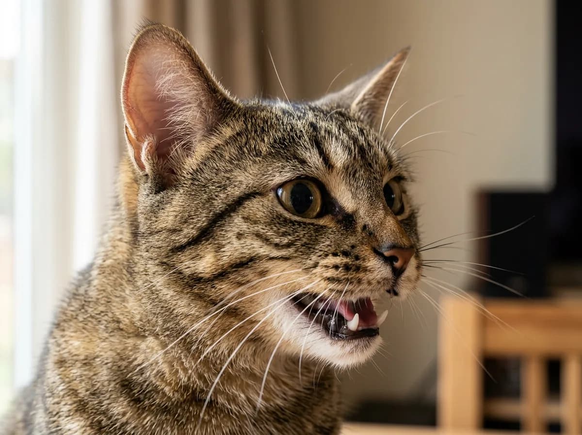 Close-up of a tabby cat mid-chatter, mouth open and eyes locked on prey