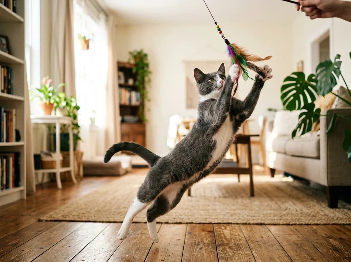 A gray and white cat leaping to bat at a feather wand toy during indoor play