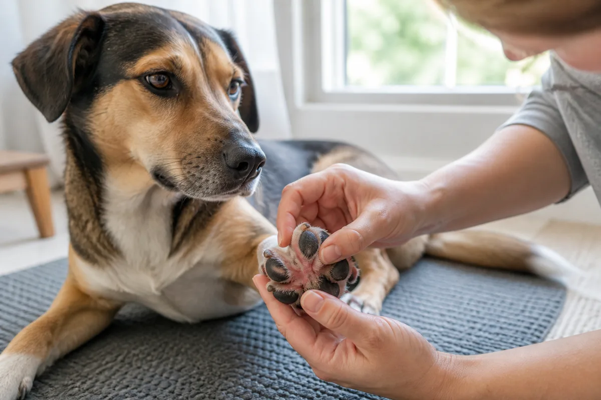 Owner inspecting between a dog's paw pads for redness or hidden debris after repeated paw licking