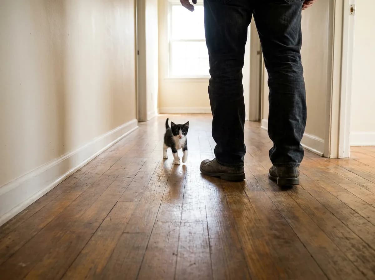 Tuxedo kitten behind a person standing in a clear hallway