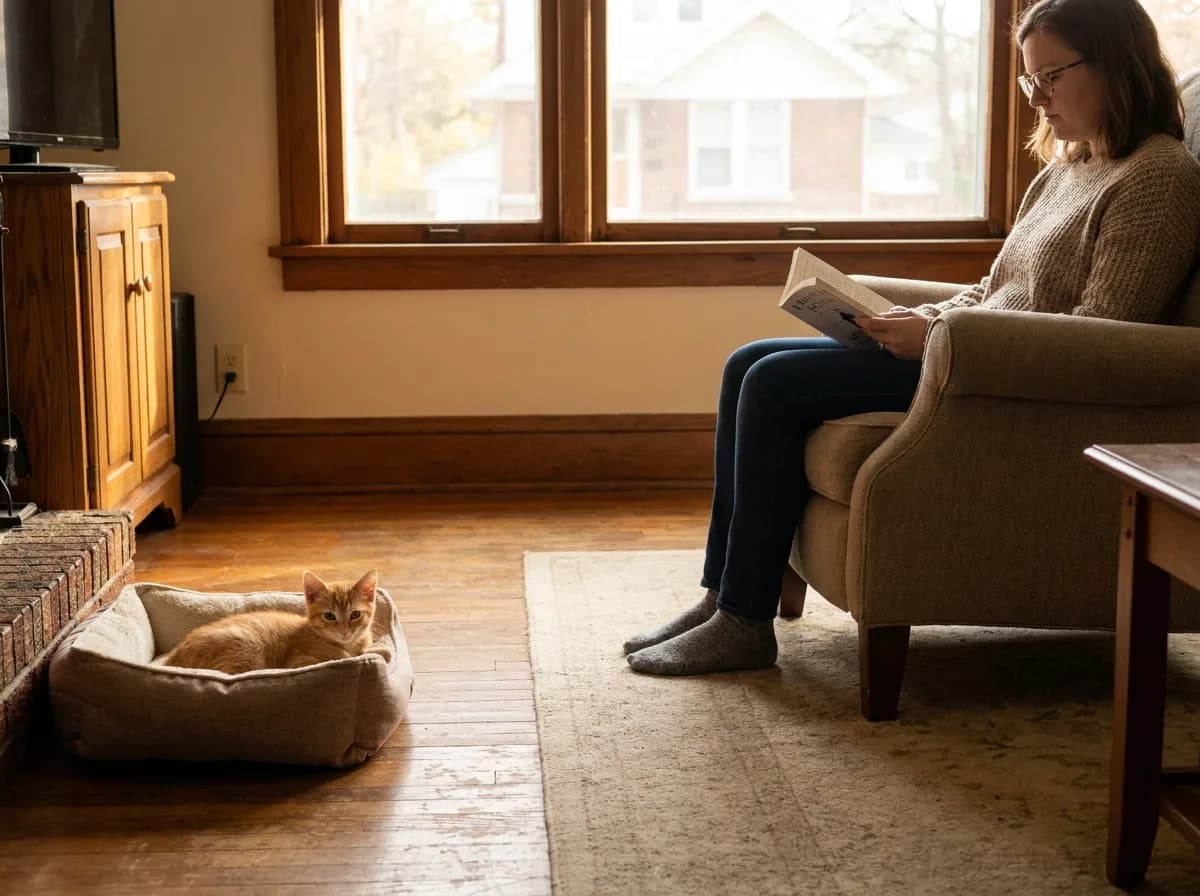 Ginger kitten resting in a low bed beside a person reading in an armchair