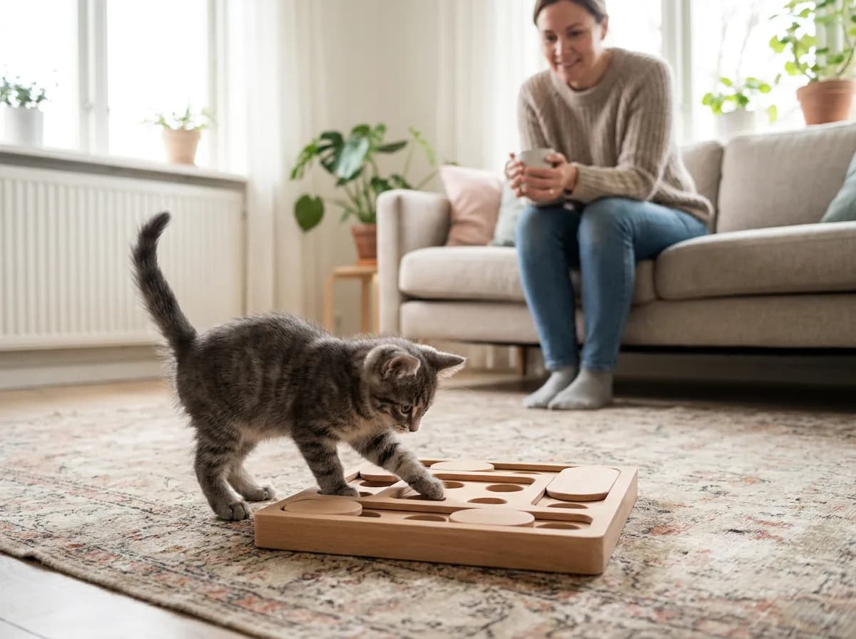 Gray kitten exploring a food puzzle while a person sits nearby