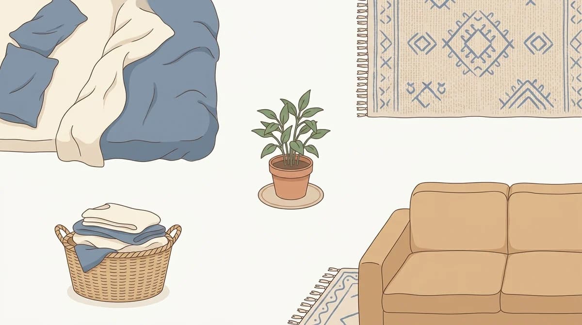 Common indoor spots where cats pee outside the litter box, including beds, rugs, laundry baskets, and the corner behind furniture.