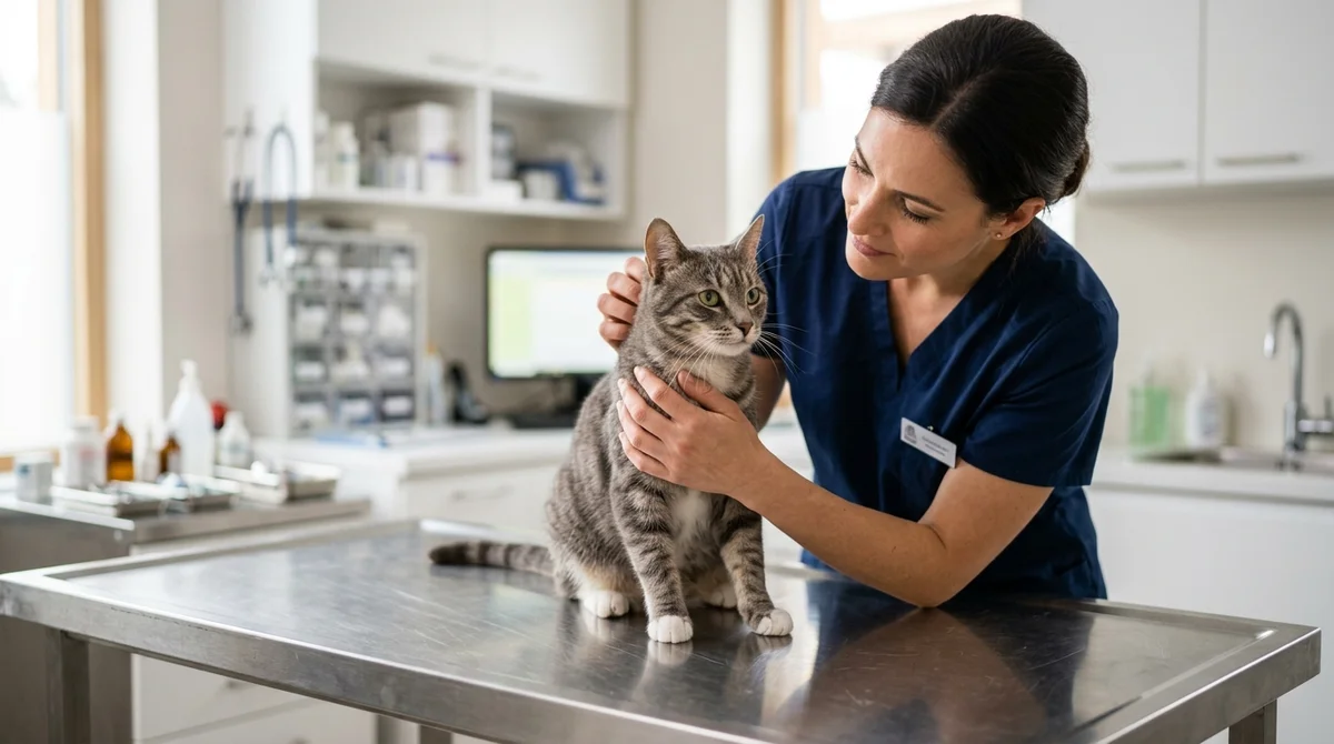 A veterinarian gently examining a calm gray tabby cat on a stainless steel exam table during a urinary workup.