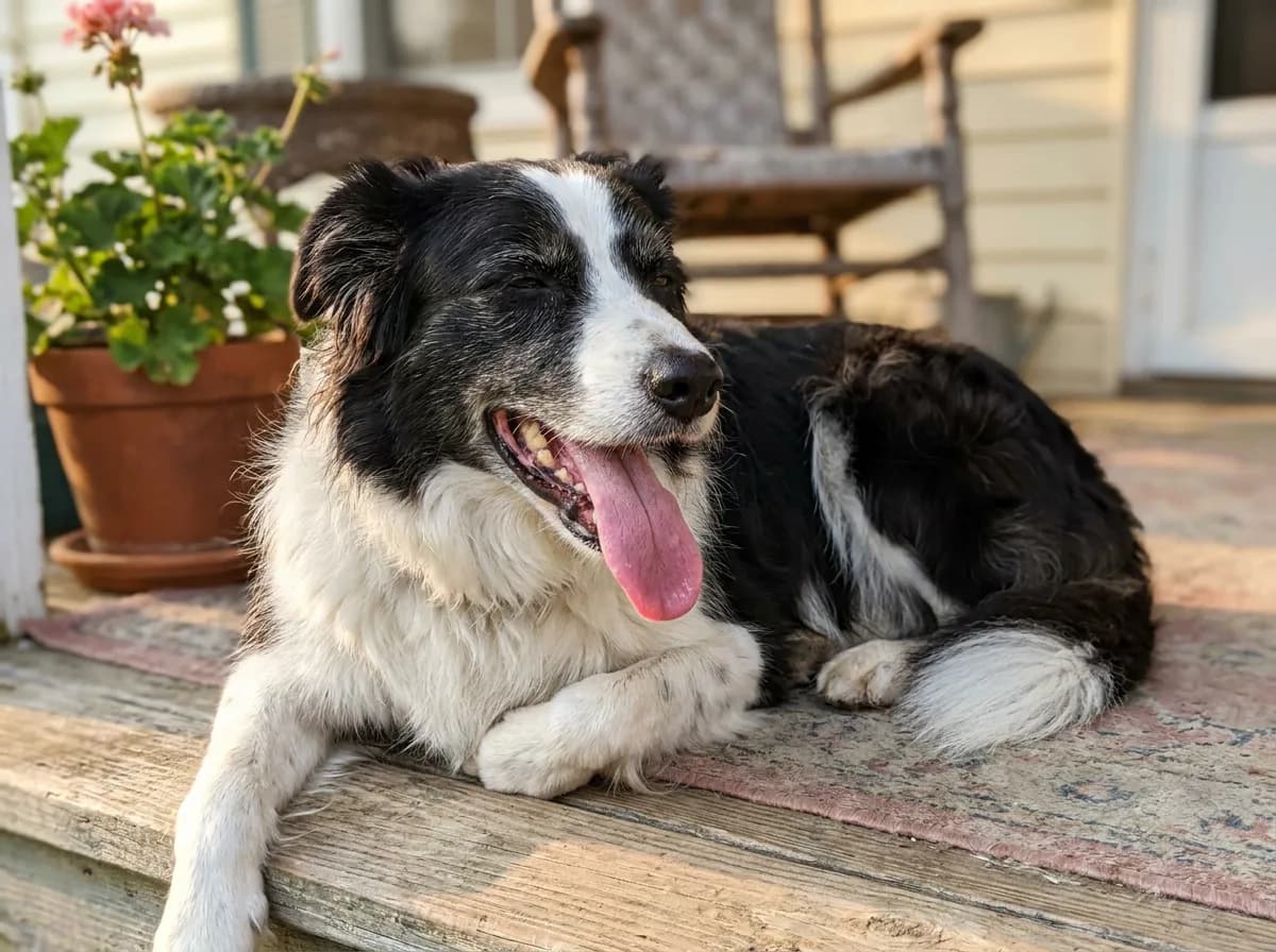 Relaxed Border Collie mix on a porch panting normally, loose tongue out and eyes softly squinting