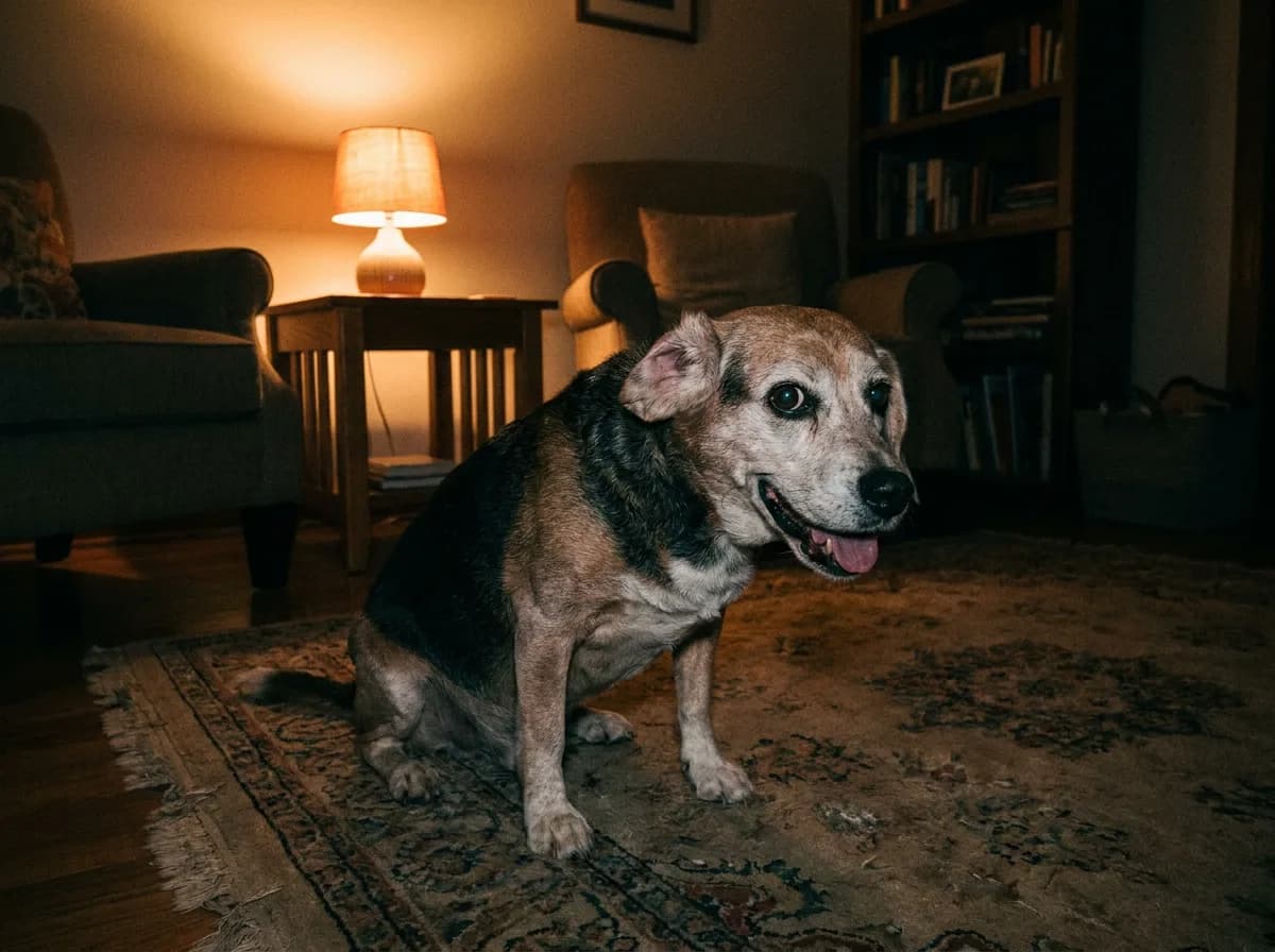 Anxious senior Beagle mix panting on a rug at night, wide-eyed and tense in dim lamp light