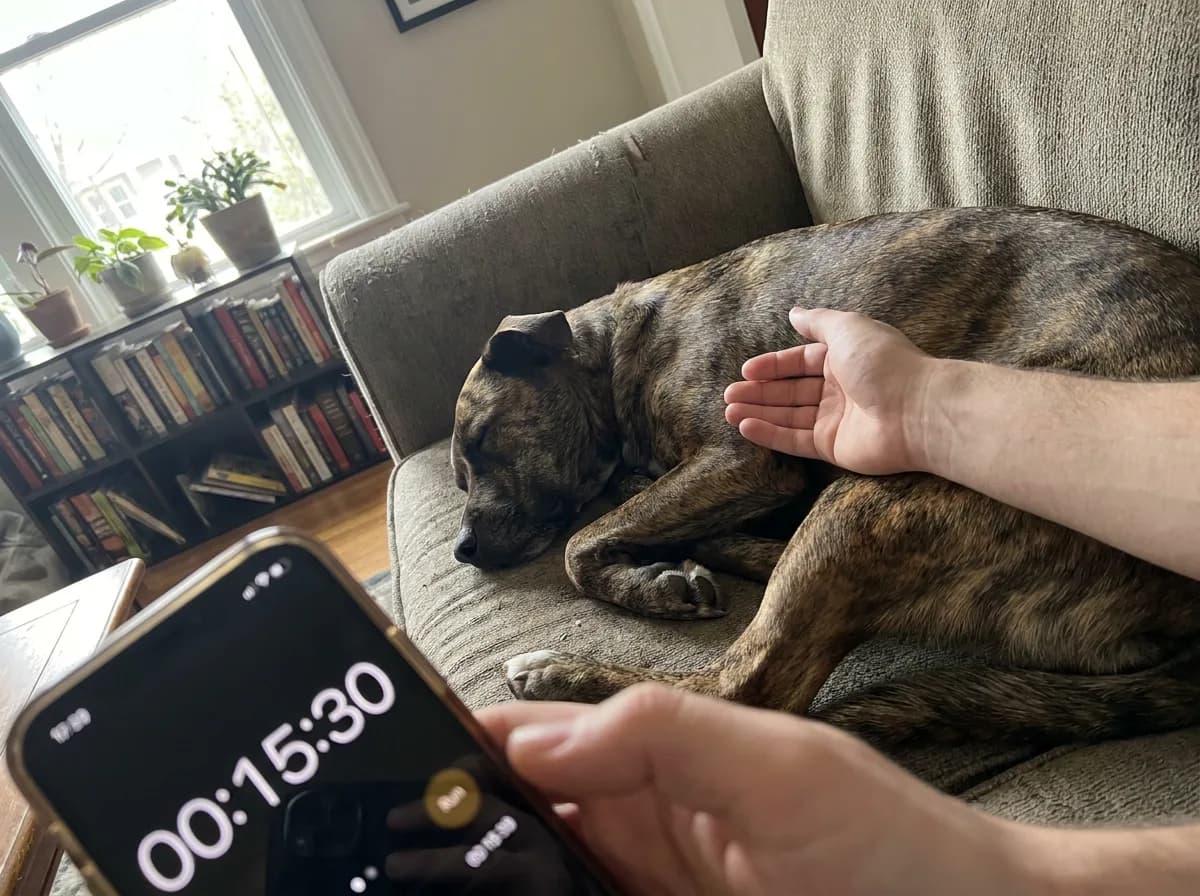 Owner's hand resting on a sleeping brindle dog's ribcage while a phone timer counts breaths