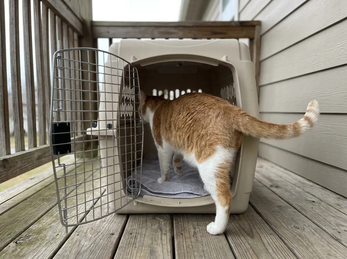 Orange-and-white cat walking into an open hard-sided carrier on a sheltered porch.