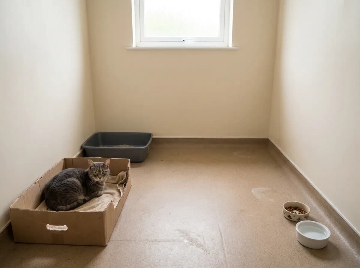 Separate room with a cat resting in a hide box, a litter tray and bowls spaced away from the tray.