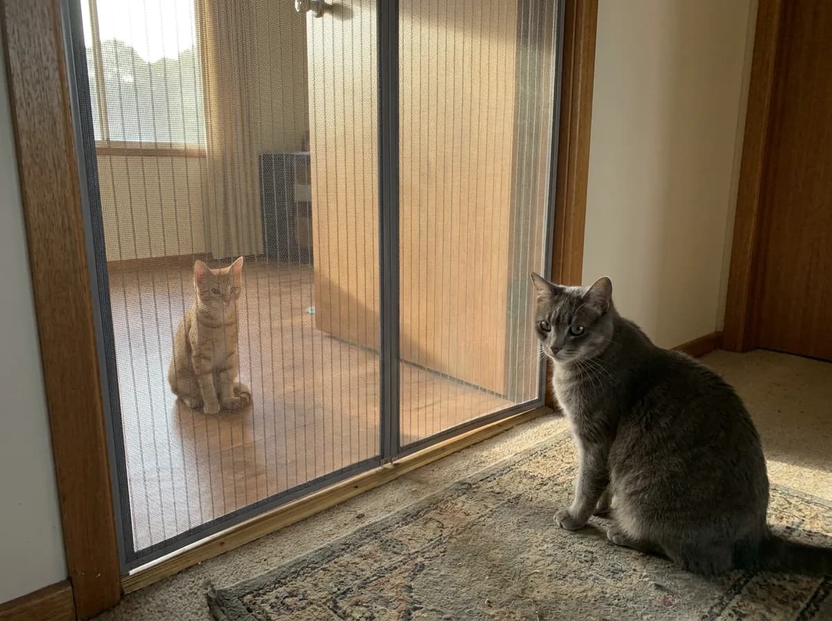 Gray adult cat and ginger kitten on opposite sides of a full-height mesh doorway