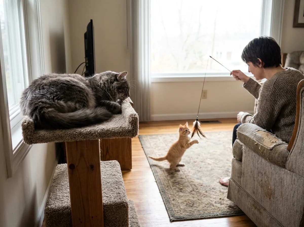 Adult cat resting on a perch while a kitten plays with a person farther across the room