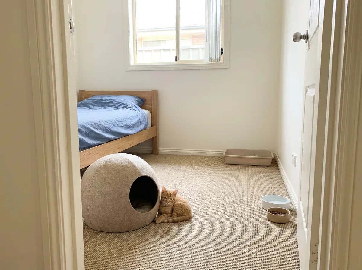 Ginger kitten beside a covered bed in a separate room with food, water and a litter tray