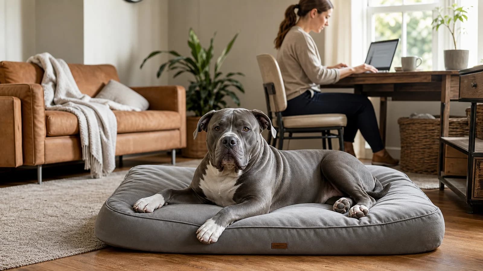 A calm XL American Bully resting in a spacious but realistic home with an adult owner nearby