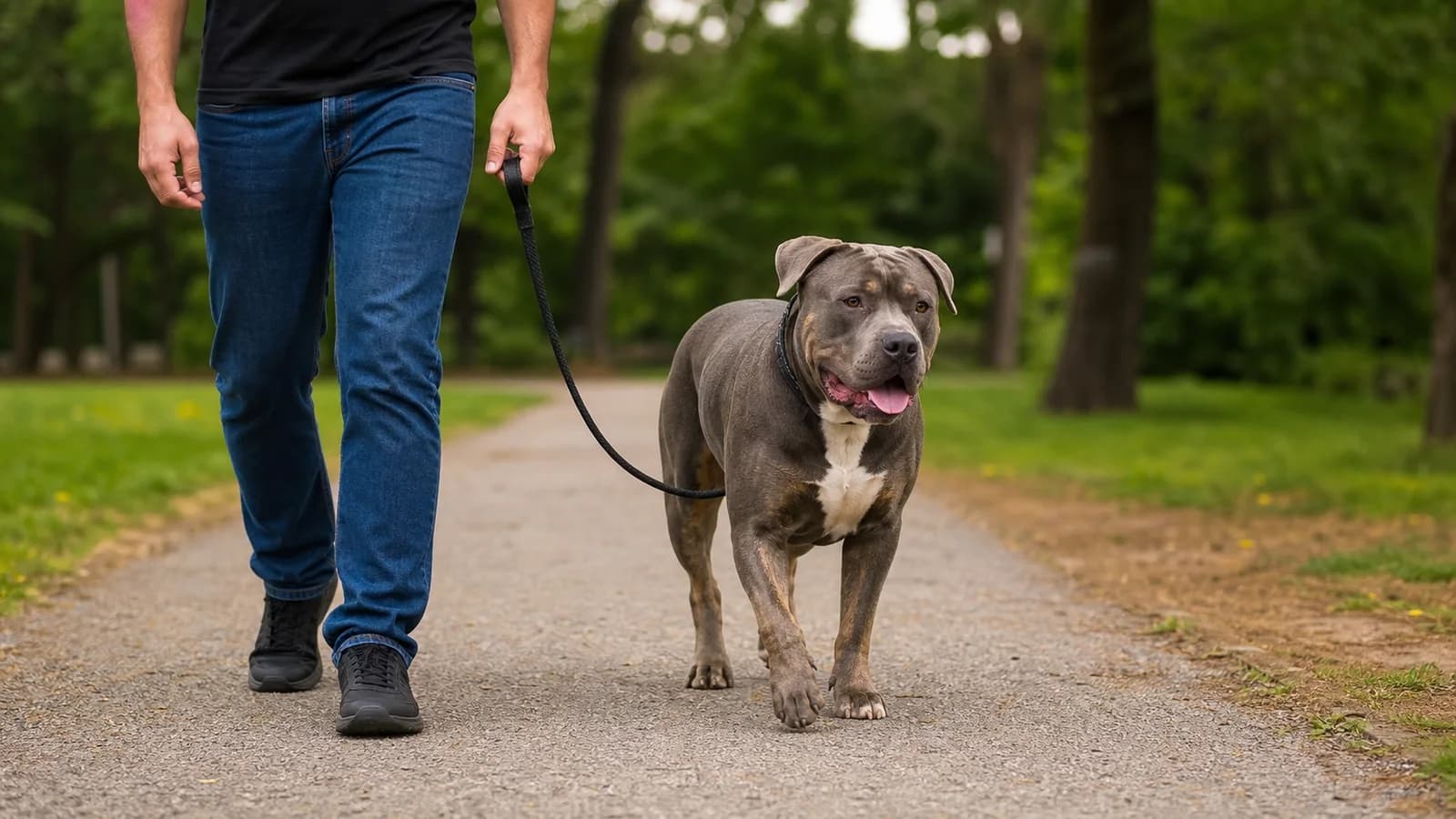 A controlled loose-leash walk with a substantial XL American Bully and adult handler