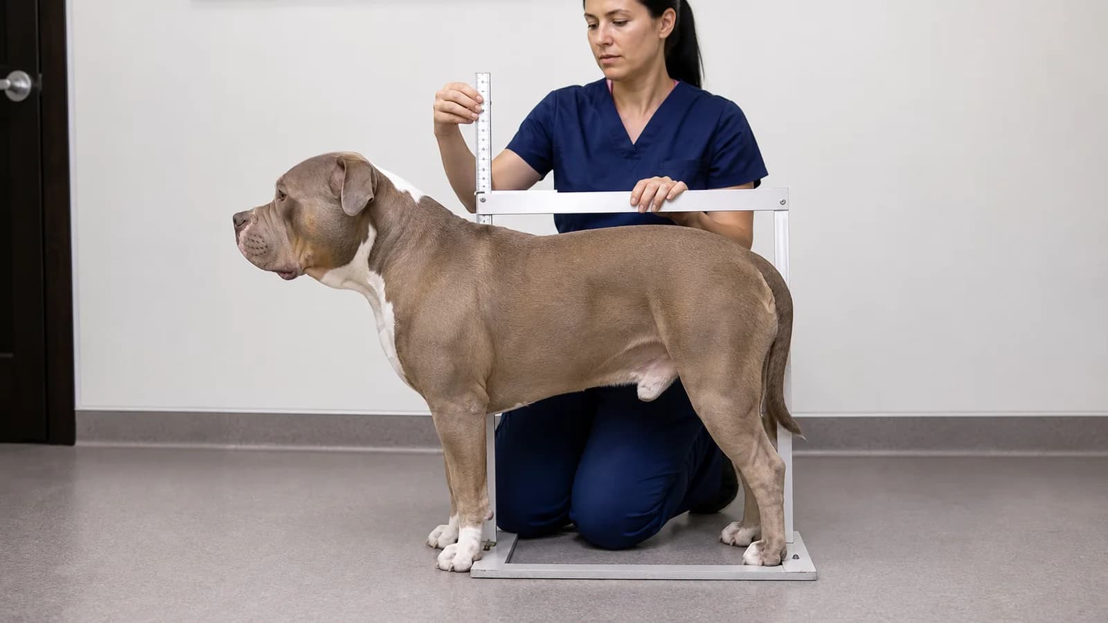 An adult XL American Bully being measured at the withers on level ground