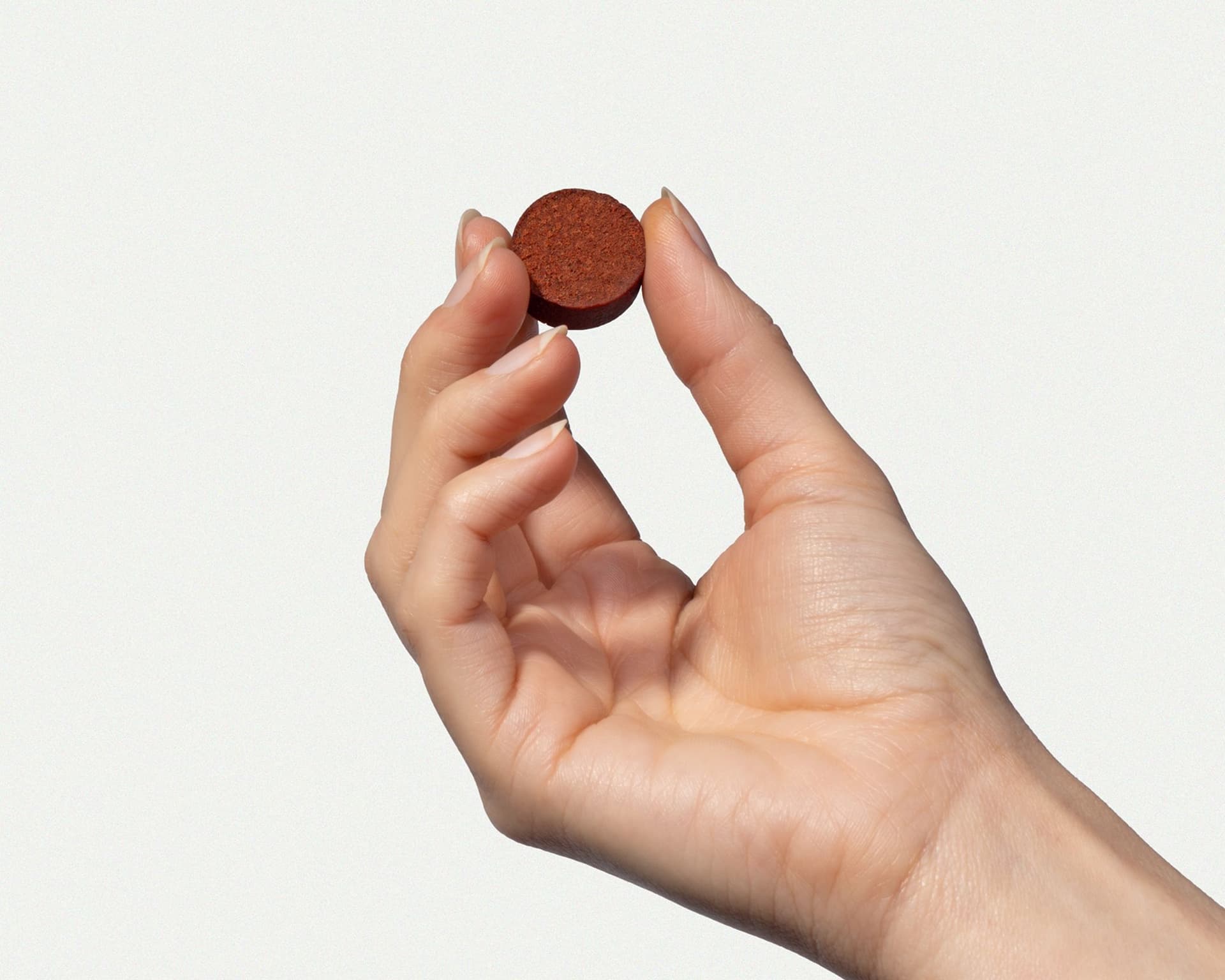 A hand holds a brown Allergy & Immune soft chew against a pale background.