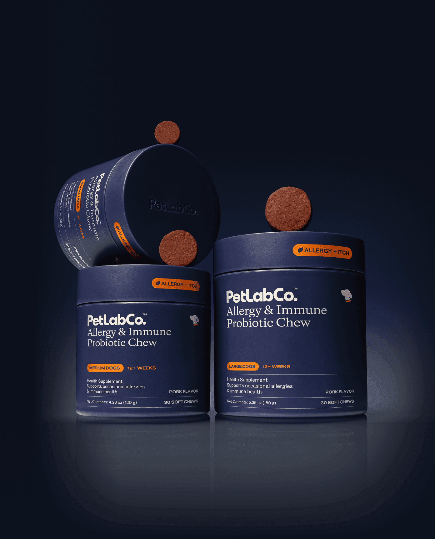 Small, medium and large Allergy & Immune Probiotic Chew tubs with brown chews against a dark background.