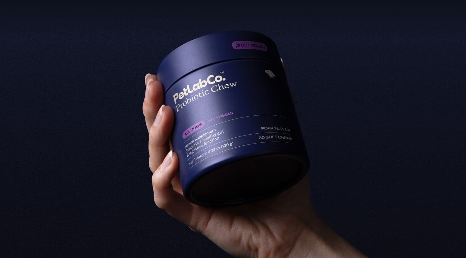A hand holds a PetLabCo.® Probiotic Chew tub against a dark background.