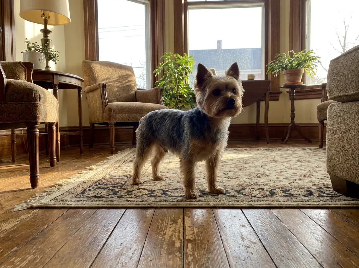 Blue-and-tan Yorkshire Terrier with a tidy medium-length trim standing on a living-room rug.