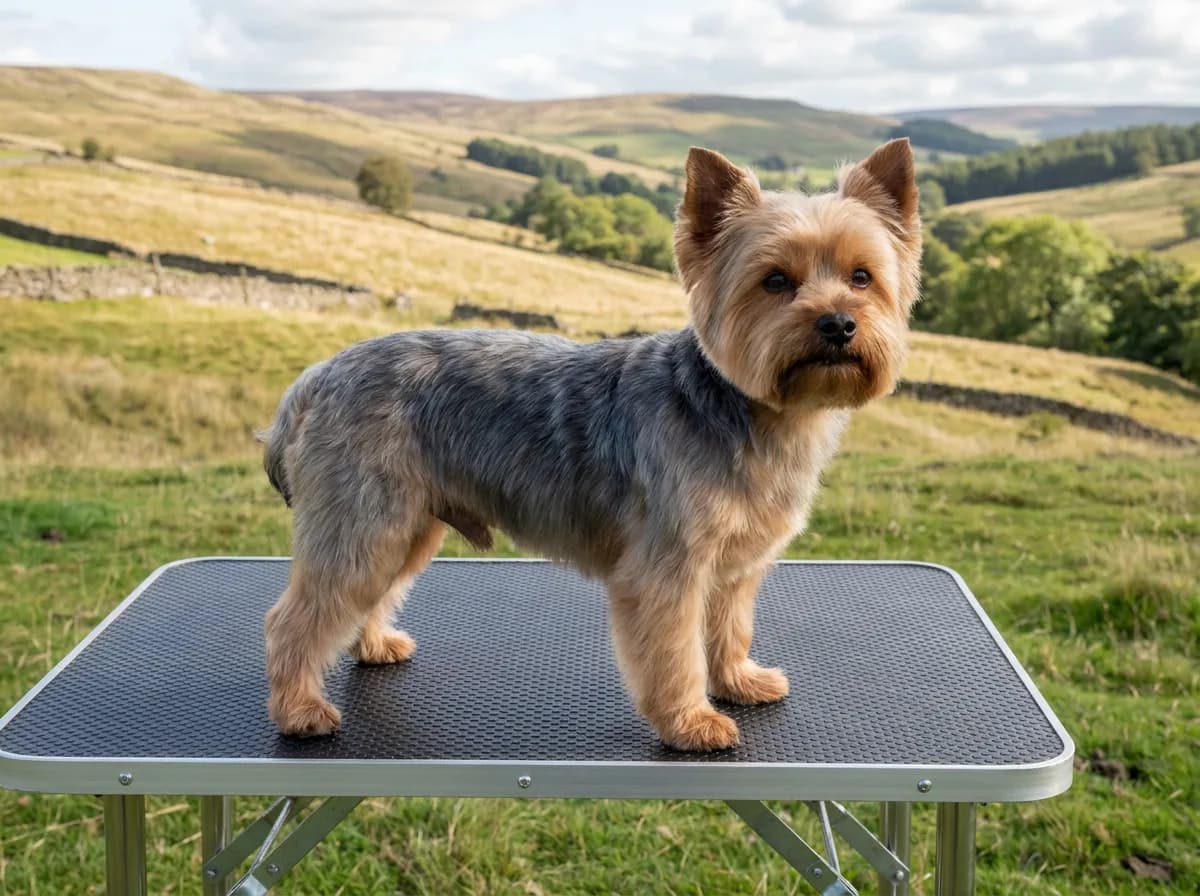 Yorkshire Terrier with an even blue-and-tan trim standing on a grooming table outdoors.