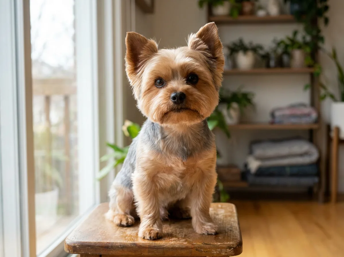 Yorkshire Terrier with a rounded face trim sitting on a wooden stool.