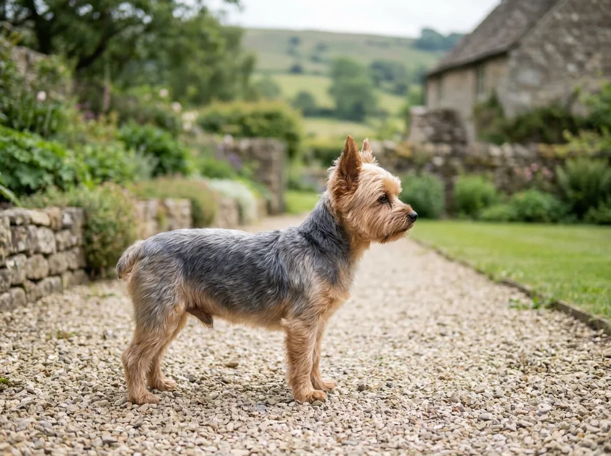 Yorkshire Terrier with a short body and leg trim standing on a gravel path.