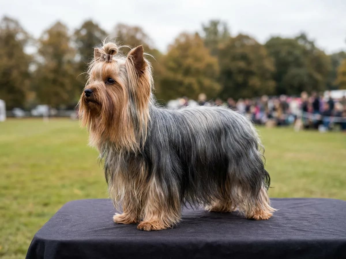 Yorkshire Terrier with a long blue-and-tan coat and topknot standing on a covered table.