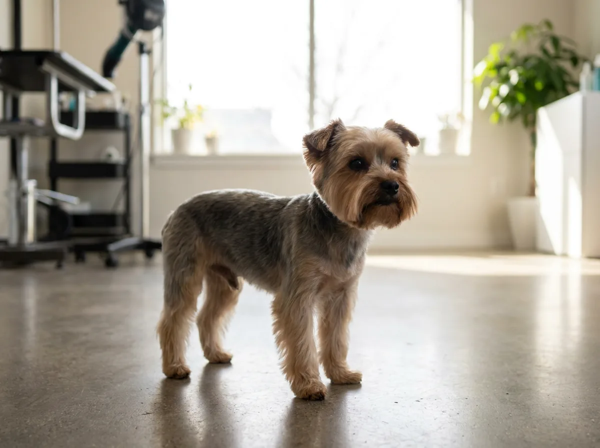 Yorkshire Terrier with a short body coat and fuller beard standing in a grooming room.