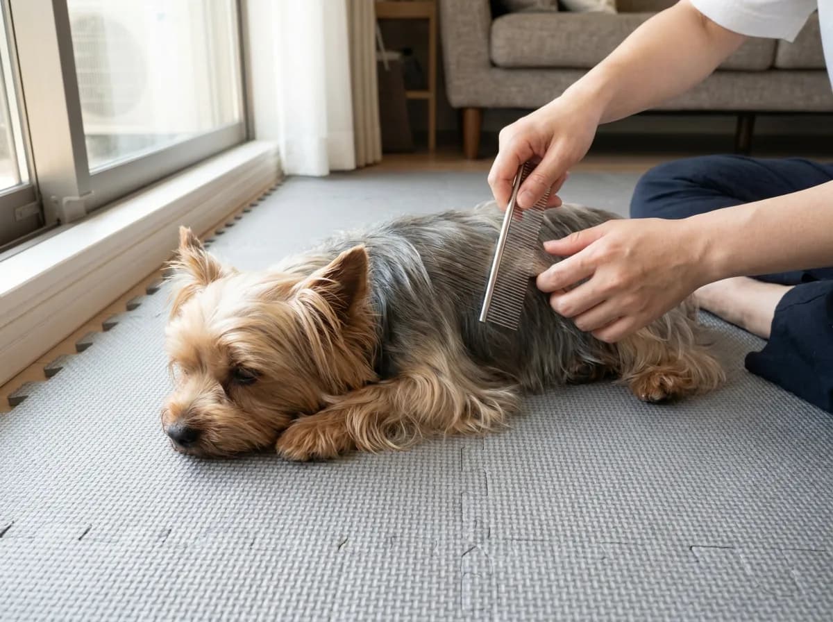 Yorkshire Terrier lying on a mat while an adult combs the body coat.