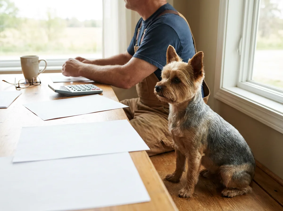 Yorkshire Terrier sitting beside an adult with papers and a calculator at a table.