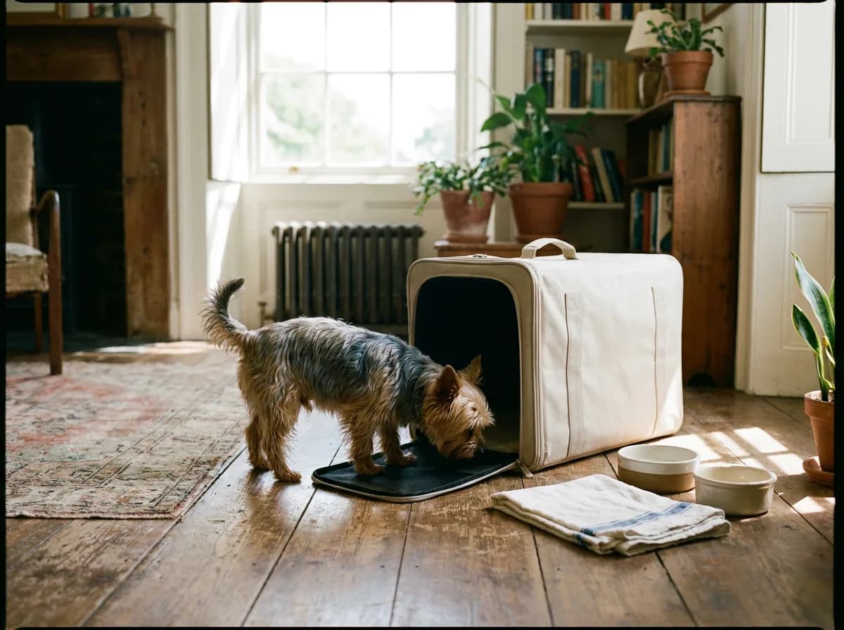 Yorkshire Terrier investigating an open soft carrier beside bowls and a folded blanket.