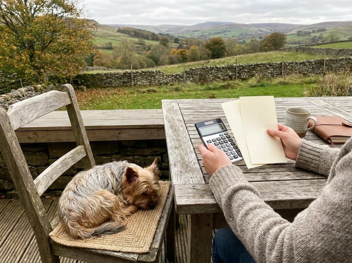 Yorkshire Terrier resting on a chair beside a person using a calculator and notebook outdoors.
