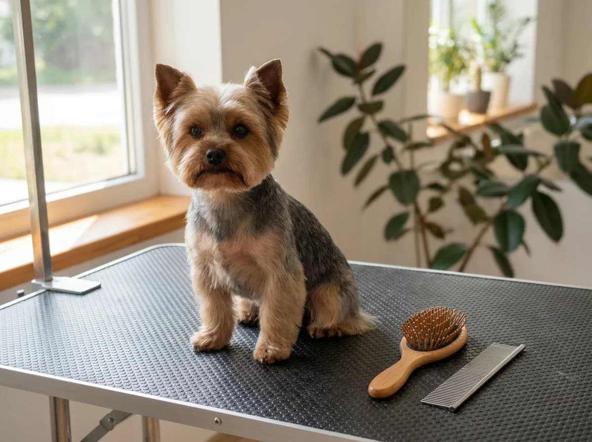 Yorkshire Terrier sitting on a grooming table beside a brush and comb.