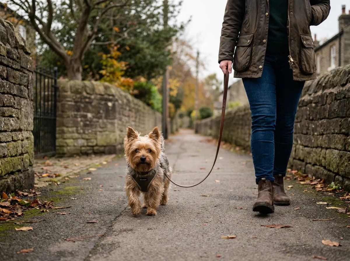 Yorkshire Terrier walking on a loose lead beside an adult on a stone-lined path.