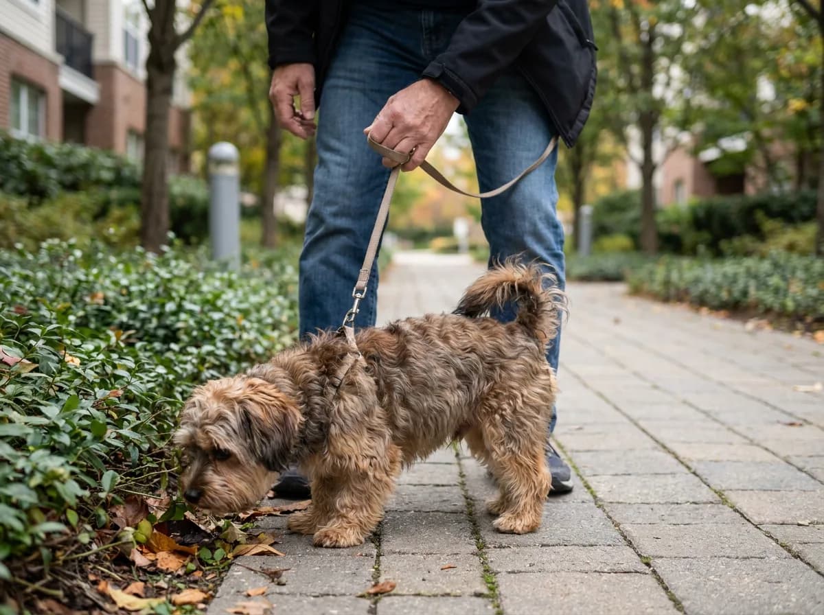 Illustrated small brown shaggy-coated dog sniffing beside a garden path on a loose lead.